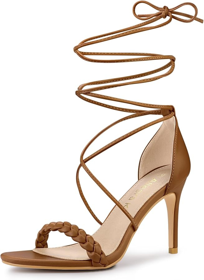Allegra K Women's Woven Strap Lace Up Strappy Stiletto Heel Sandals | Amazon (US)