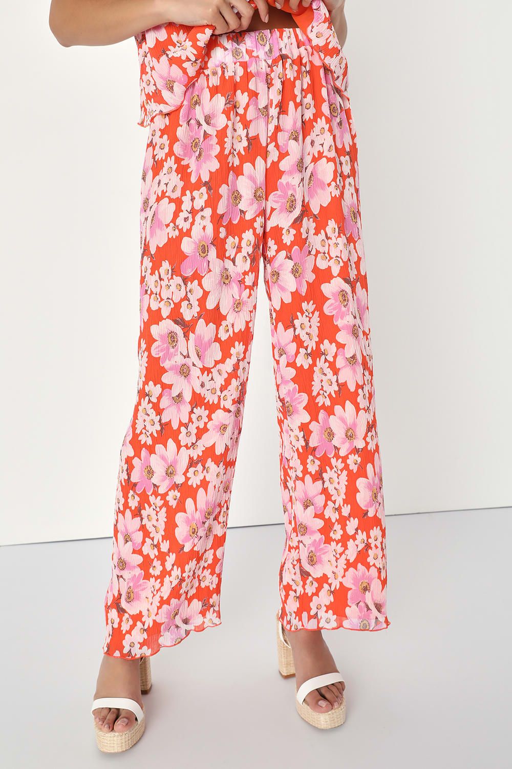 Sunshine Times Orange Floral Print Pleated High Rise Pants | Lulus (US)