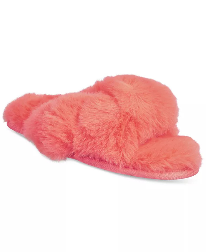 Women's Faux-Fur Solid Crossband Slippers, Created for Macy's | Macys (US)