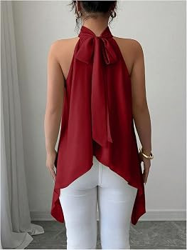Verdusa Women's Chiffon Halter Tops Asymmetrical Hem Tie Back Blouse Layer Flowy Going Out Top | Amazon (US)