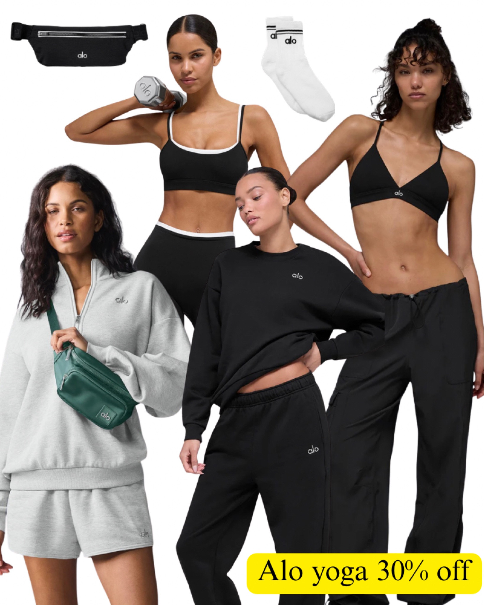 Alo yoga sale!!! 30% off sitewide!! Black sweat pants, sports bra, gray, white socks, fanny pack, active, gym, fitness, lounge.

#LTKActive #LTKSaleAlert #LTKfitnessgoals