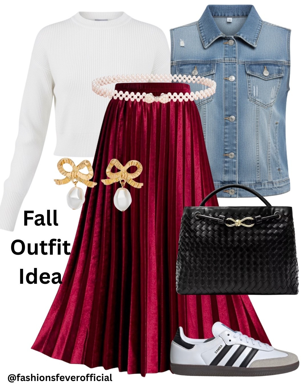 Fall Outfit Ideas For Women In 2025. The white knit sweater top, paired with a blue denim cropped jacket and a metallic wine red pleated skirt. To accentuate the look add the pearl belt. Adidas Samba and the black woven bag elevates the look further! Perfect for fall casual, parties or weekend look.
#ltkfashion #ltkfall #ltkskirts



#LTKStyleTip #LTKParties #LTKSeasonal