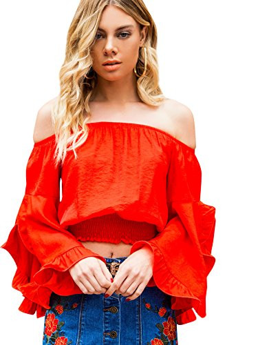 Verdusa Women's Off The Shoulder Trumpet Sleeve Shirred Hem Crop Top Blouse Red M | Amazon (US)