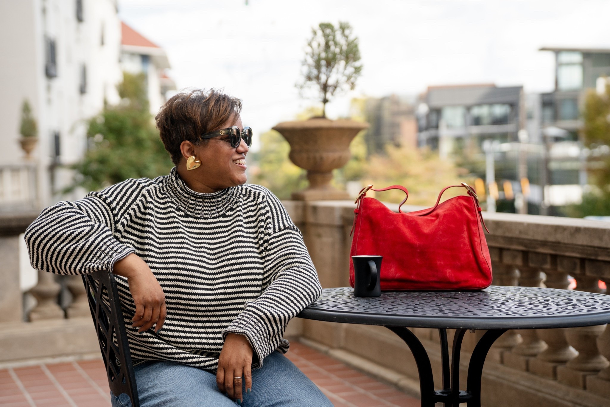 A striped rollneck sweater?!?! Yes, please!  I LOVE this sweater. The fit is “relaxed,” so size down if you don’t want a loose fit. I purchased the size Large. And, I love the stripes paired with red (or, as I see it, intensified pink 😂😂)! 