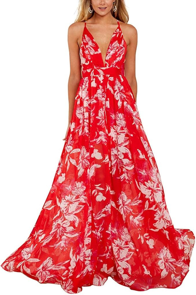 Womens Sexy Deep V Neck Floral Boho Long Dress Backless Beach Party Maxi Dress | Amazon (US)