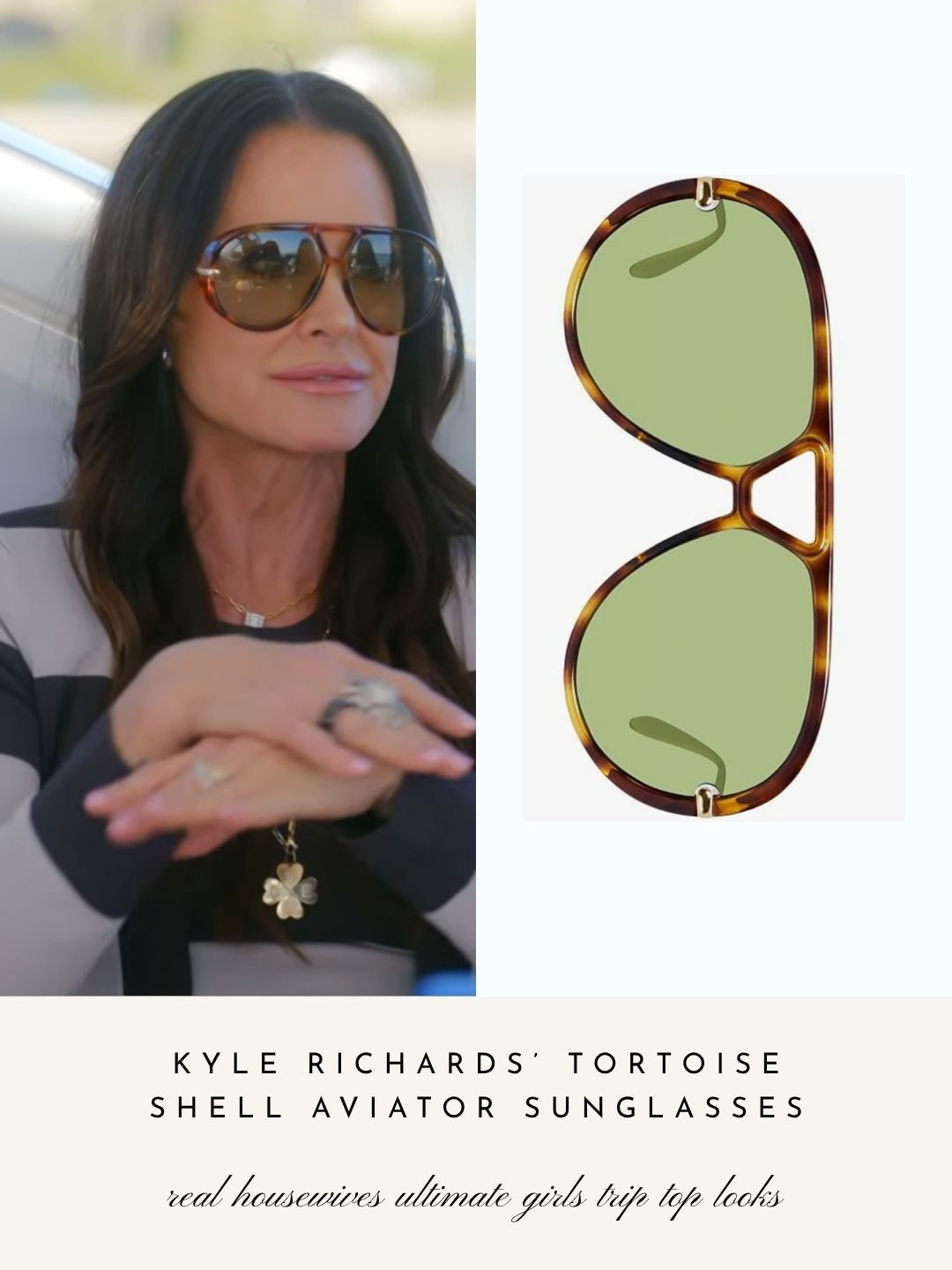 Kyle Richards' Tortoise Shell Aviator Sunglasses on Real Housewives Ultimate Girls Trip: Roaring 20's. Spoiler: They look like Bottega but they're Amazon! 

 