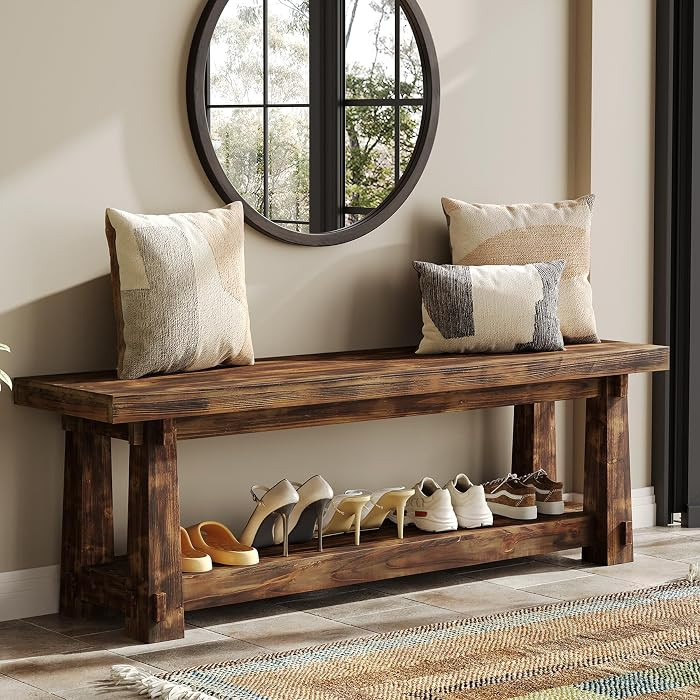 55" Solid Wood Entryway Bench with Shoe Storage, Rustic Charred Wood Grain Foyer Bench with Open ... | Amazon (US)