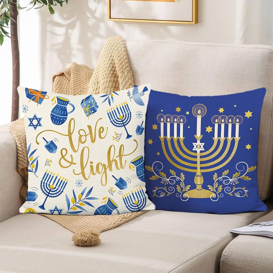 Bonhause Happy Hanukkah Throw Pillow Covers 18x18 Inch Love & Light Blue Jewish Christmas Pillows... | Amazon (US)
