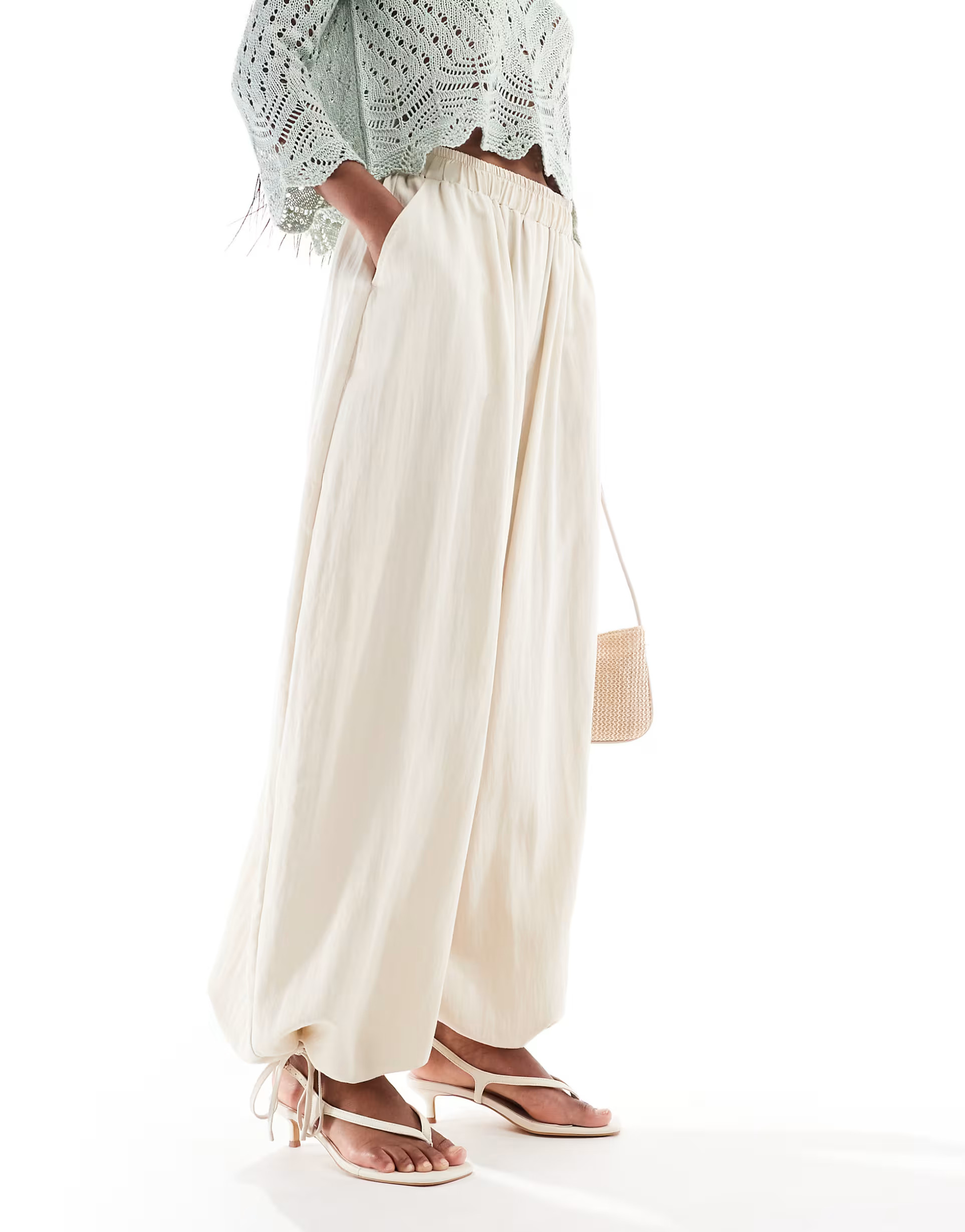 ASOS DESIGN soft textured oversized billow pants with tie hem in buttermilk | ASOS (Global)