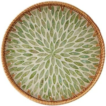 Round Rattan Tray with Mother of Pearl Inlay, Rattan Serving Tray with Wooden Base, Decorative Wi... | Amazon (US)