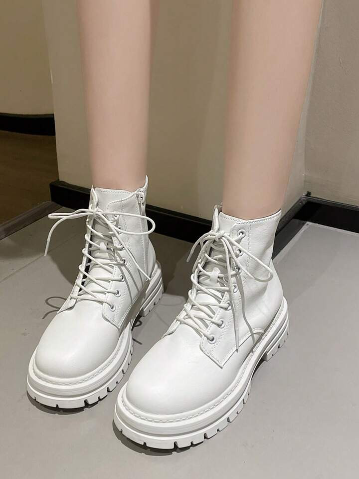 Women's Round Toe Lace-up High Heel Fashion Booties In White | SHEIN