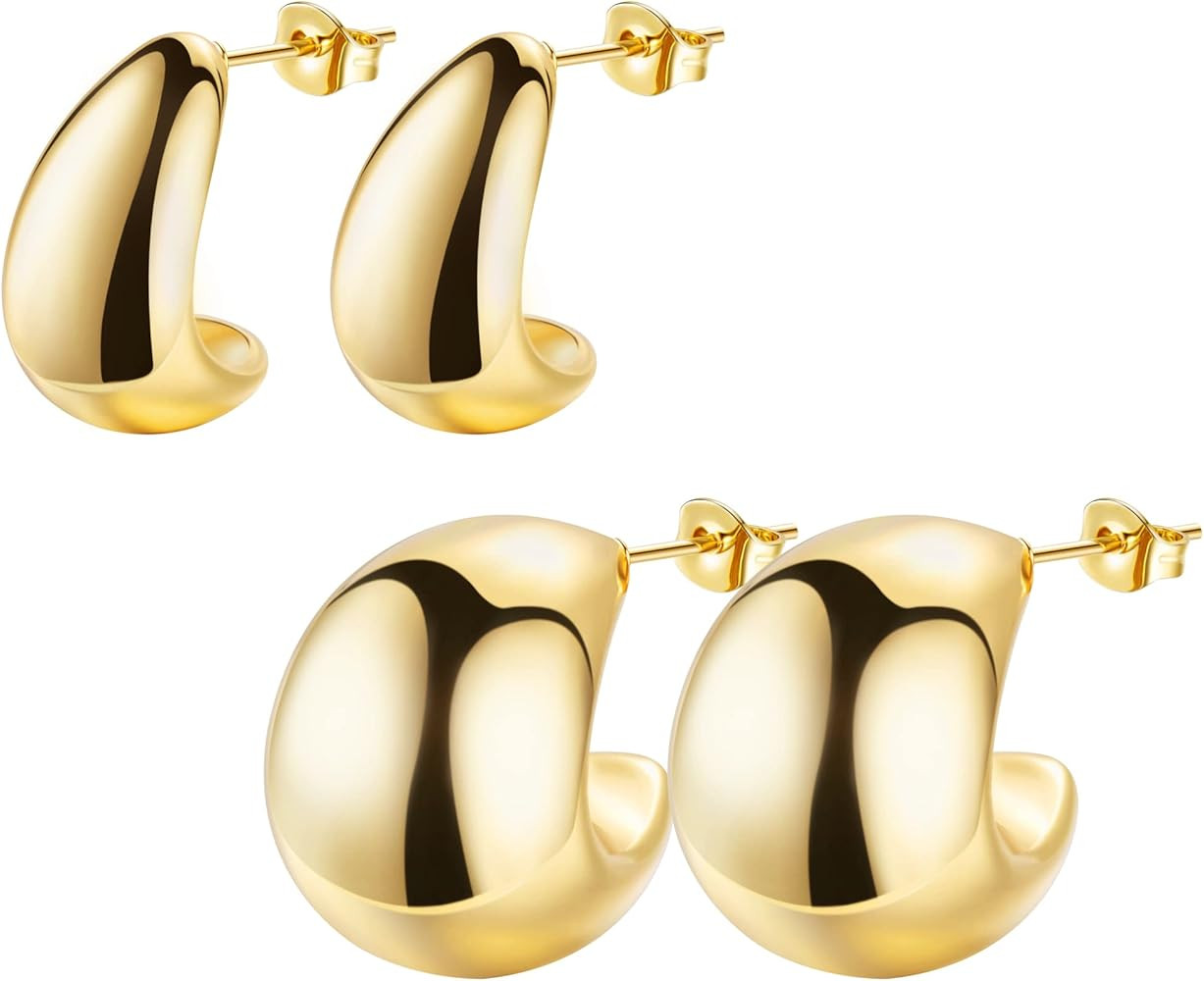 LOAYHOAY 2 Pairs Chunky Gold Hoop Earrings for Women Girls Waterdrop Earring Dupes Half Open Hoop... | Amazon (US)