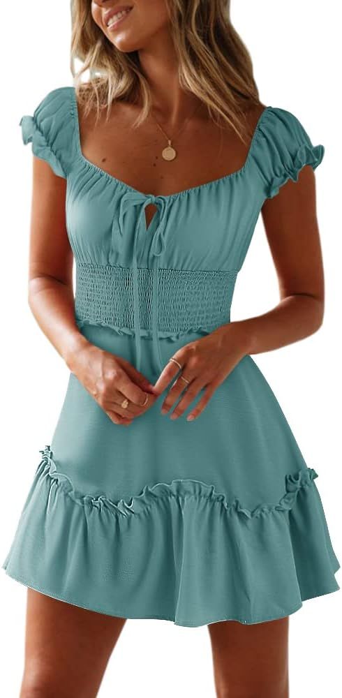YOBECHO Women's Summer Ruffle Sleeve Sweetheart Neckline Printing Dress Mini Dress at Amazon Wome... | Amazon (US)
