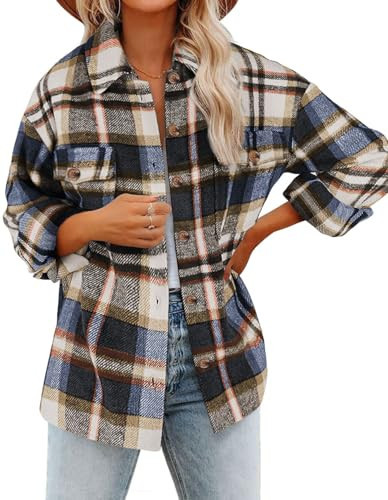 DOROSE Women's Flannel Shirt Oversized Shacket Button Down Plaid Jackets Coats Royal Blue | Amazon (US)