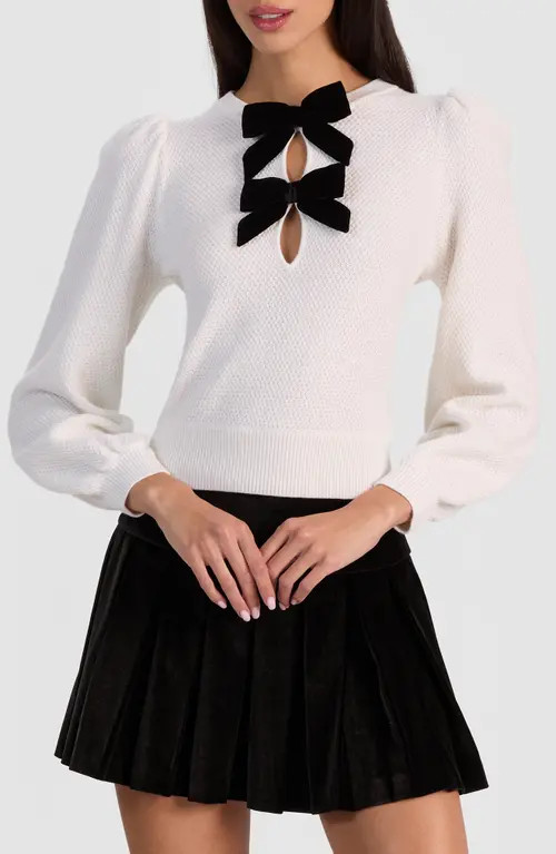 Alice + Olivia Doris Velvet Bow Sweater in Soft White/Black at Nordstrom, Size Large | Nordstrom