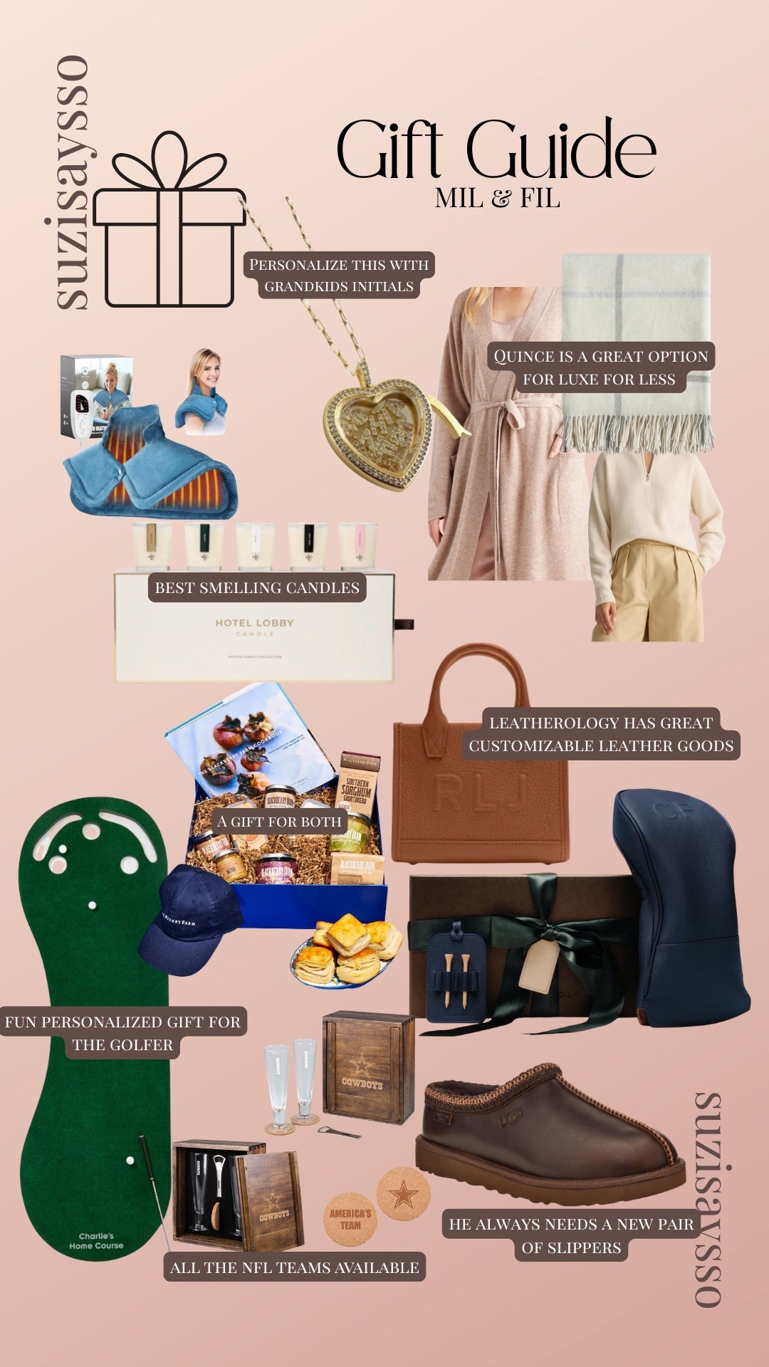 MIL & FIL Gift Guide 🤍
The best ideas for in-laws who are so hard to shop for. Cozy gifts, personalized finds, luxe-for-less pieces, and crowd-pleasers they’ll actually use. Great options for moms-in-law, dads-in-law, and grandparents — plus a few “gift for both” ideas that always win. Tap for sources + easy holiday gifting inspo 🤍

Featured ideas:
• Personalized leather goods
• Hotel Lobby candles (best smelling!)
• Luxe robes + scarves
• Golf gifts
• NFL + team-themed picks
• Slippers he’ll love
• Gourmet foodie boxes

#giftguide #giftguide2024 #inlawgifts #motherinlawgift #fatherinlawgift #holidaygifts #holidaygiftideas #giftideasforhim #giftideasforher #holidaygifting #suzisaysso 🤍

#LTKSaleAlert #LTKGiftGuide #LTKCyberWeek