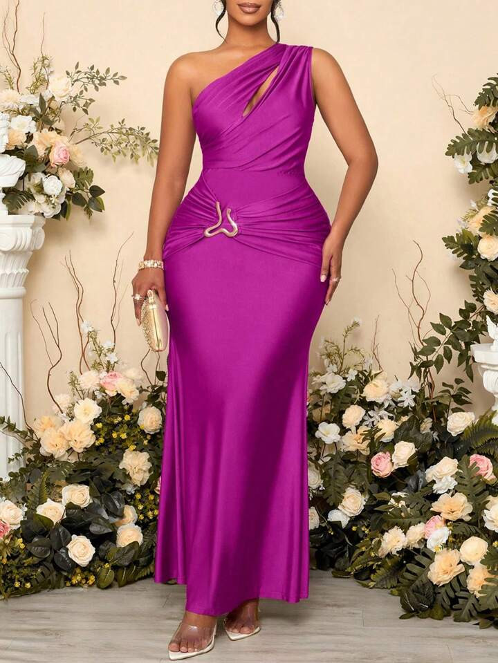 SOLERSUN Women's Solid Color Hollow Asymmetric Neck Metal Decorated Bodycon Dress Long Maxi Women Outfit | SHEIN