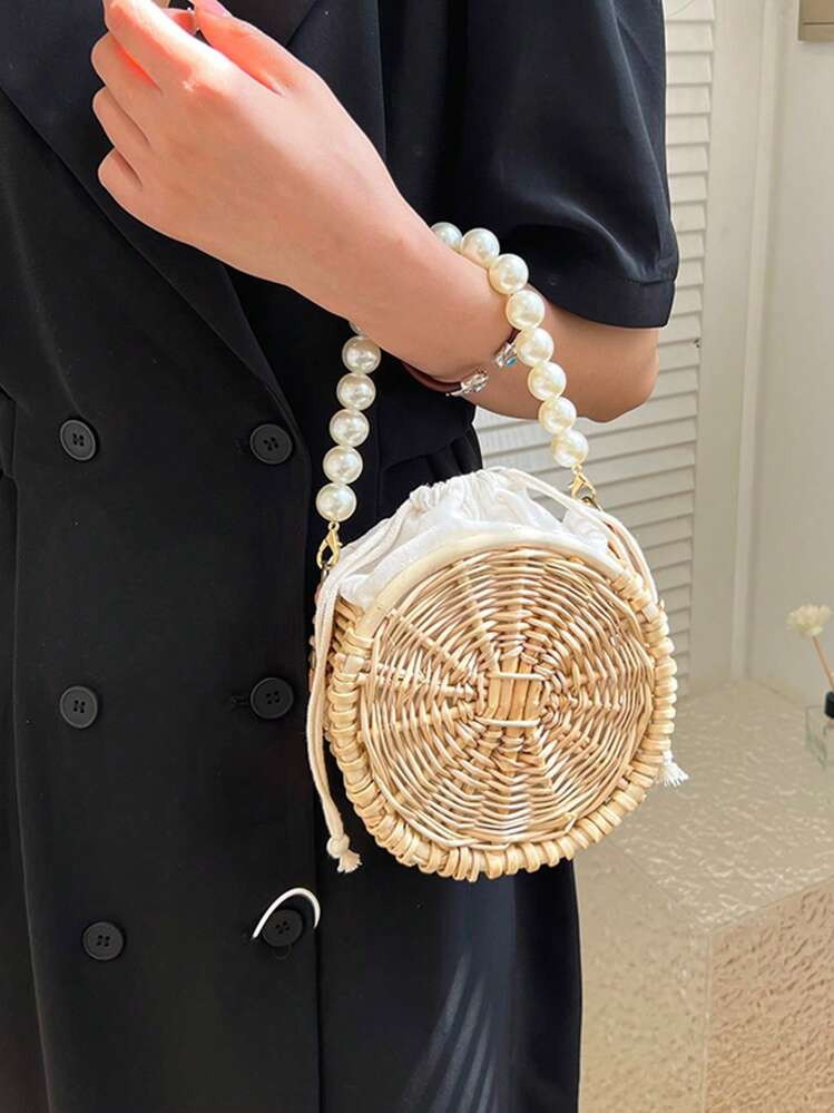 Bolso De Playa De Ratán Hecho A Mano, Bolso De Mano Trenzado Redondo De Junco Y Sauce, Cesta De Regalo, Caja De Regalo Con Perlas, Bolso De Mujer Bandolera, Decoración Del Hogar Y Adornos | SHEIN
