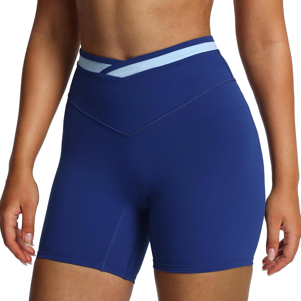 Aoxjox Velma Workout Biker Shorts for Women Color Block Cross-Waist High Waisted Exercise Gym Run... | Amazon (US)