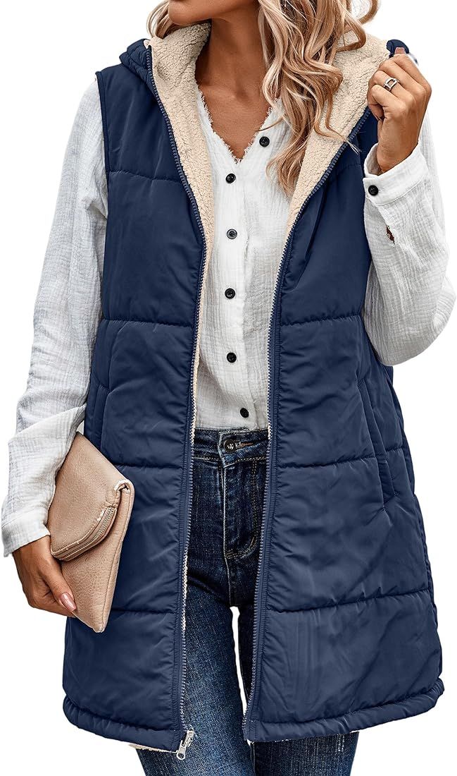 ECOWISH Women Long Puffer Vest: Fall Zip up Reversible Fleece Jacket 2023 Winter Warm Sleeveless ... | Amazon (US)