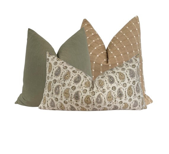 Green Tan and Cream Pillow Set Modern Neutral Pillow Combo - Etsy | Etsy (US)