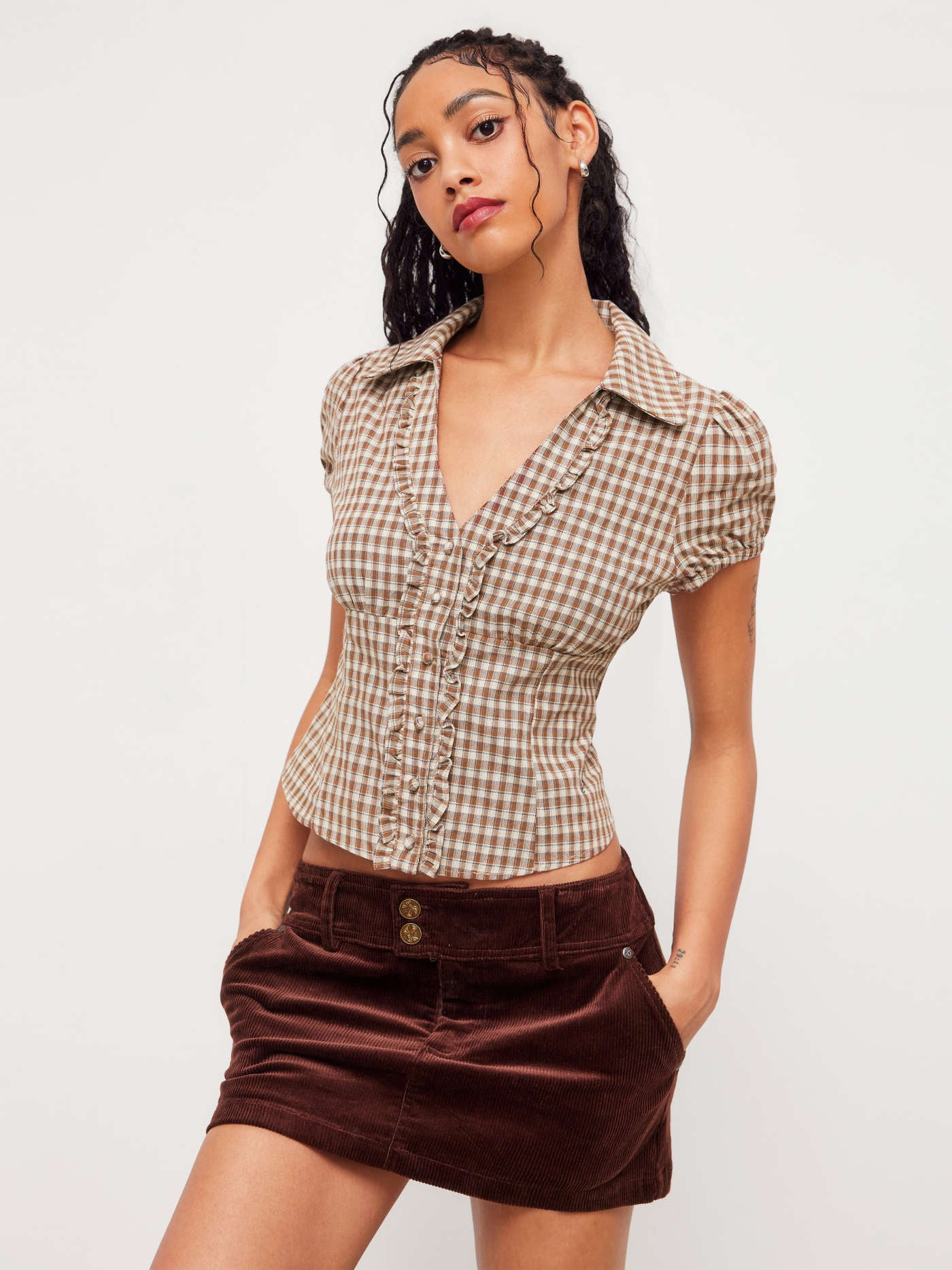 Woven Cotton V-neck Check Button Short Sleeve Blouse For School | Cider