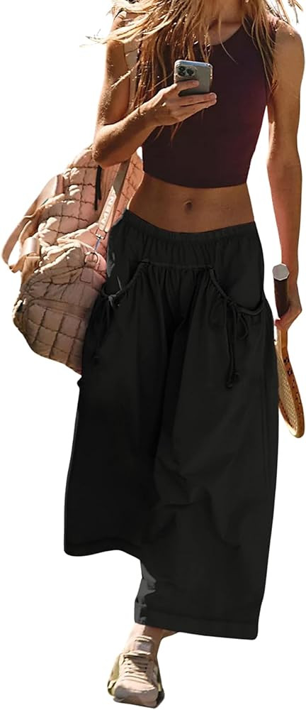 Hooever Women's Loose Wide Leg Track Pants Drawstring Pockets Elastic Waist Capri Hiking Pants | Amazon (US)