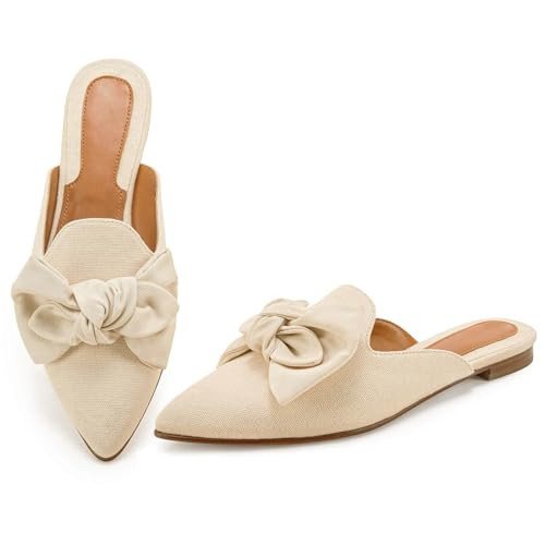 Rilista Flat Mules for Women Closed Pointed Toe Backless Mule Sandals Comfortable Slides Mules Shoes Ladies Slip-on Loafers Light Khaki | Amazon (US)