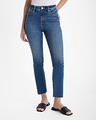 High Waisted Dark Wash Raw Hem FlexX Cropped Flare Jeans | Express (Pmt Risk)