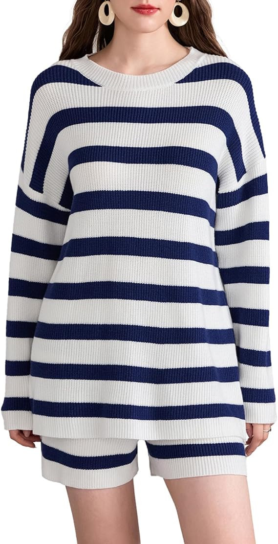 Womens Striped Lounge Sets 2 Piece Outfits Slouchy Matching Pajama Knit Long Sleeve Pullover and ... | Amazon (US)