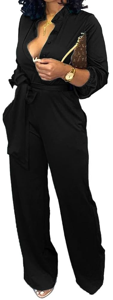 Women Jumpsuits For Elegant Sexy V Neck Long Sleeve Casual for Work Wide Leg Pants with Pockets B... | Amazon (US)
