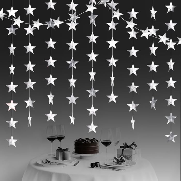 Silver Shining Star Hanging Garland Silver Hanging Sparkling Star Streamer Glitter Bunting Banner... | Amazon (US)
