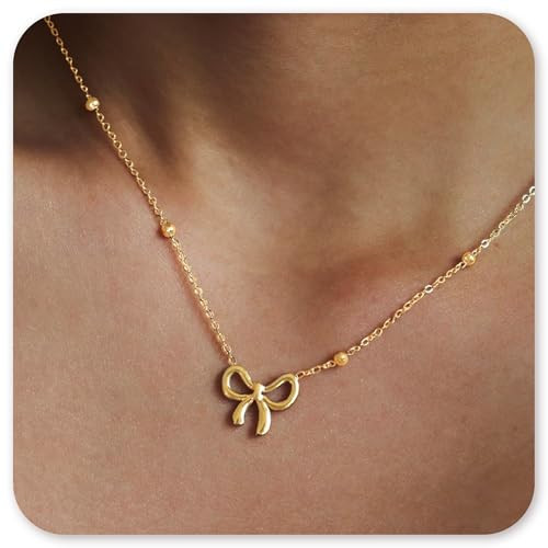 DAYANEY Gold Bow Necklace Dainty 14k Gold Plated Necklace, Bow Jewelry Gold Beaded Choker Necklaces for Woman, Waterproof Pendant Necklace as Cute Ribbon Necklaces with Bowknot Ball for Girls | Amazon (US)