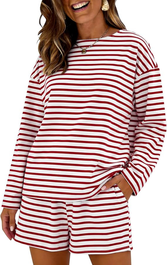 PEHMEA Women's 2 Piece Striped Short Sets Cotton Long Sleeve Tops Shorts Matching Outfits Soft Su... | Amazon (US)