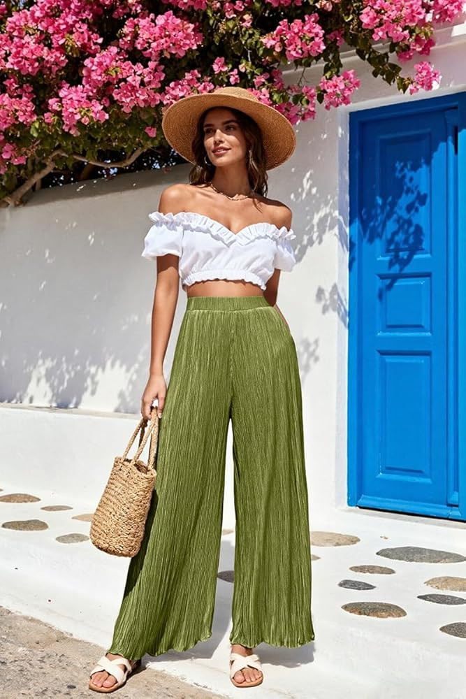 High-Waisted Striped Pressed Pleat Casual Loose Wide Leg Straight Flowing Draped | Amazon (US)