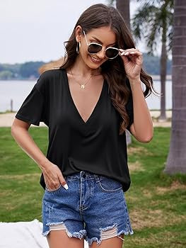 UNCLECAT Womens Deep V-Neck T Shirts Sexy Short Sleeve Tops Summer Oversized Tee | Amazon (US)