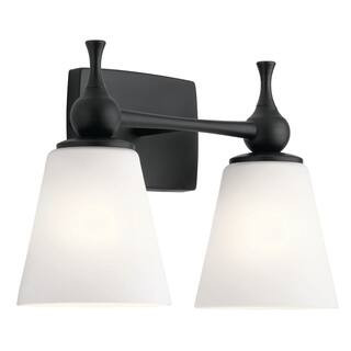 KICHLER Cosabella 15 in. 2-Light Black Contemporary Bathroom Vanity Light with Satin Etched Cased... | The Home Depot
