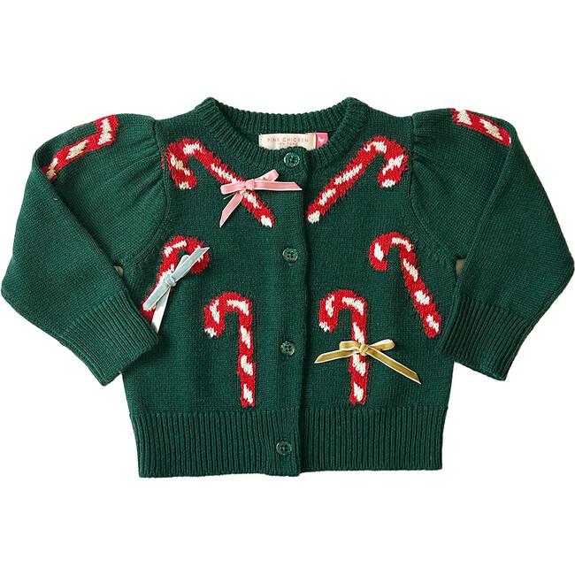 Pink Chicken | Baby Girls Constance Sweater, (Green Candy Cane Bows, Size 6-12M) | Maisonette | Maisonette