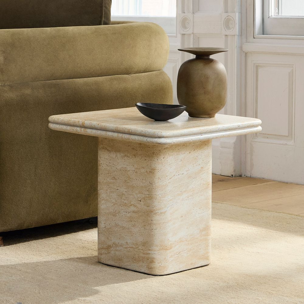 Royce Faux Travertine Pedestal Side Table (18") | West Elm (US)