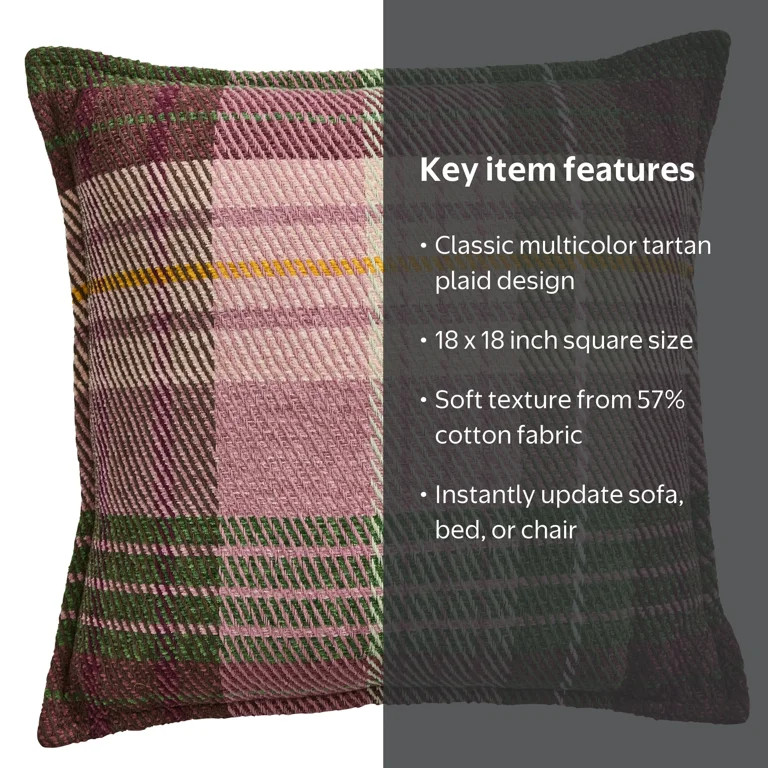 Better Homes & Gardens Tartan Plaid Decorative Throw Pillow, 18 x 18 in | Walmart (US)