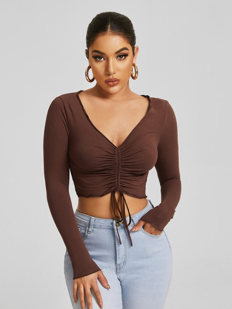 SHEIN Lettuce Trim Drawstring Ruched Front Crop Tee | SHEIN