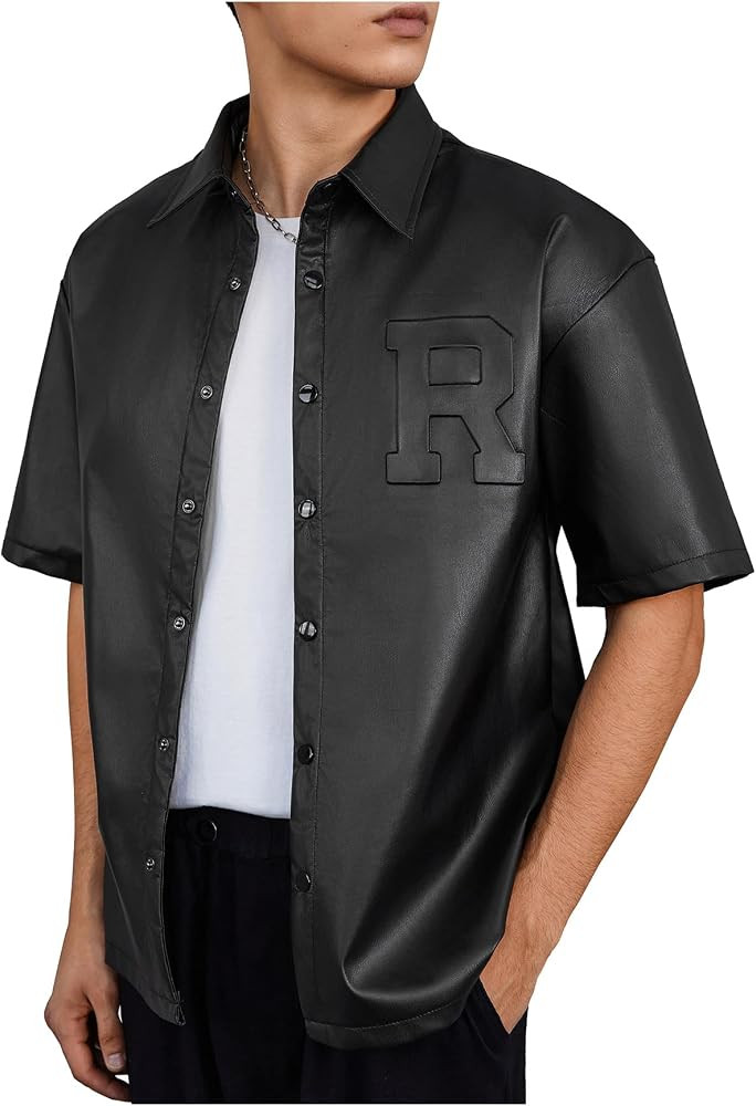 SHENHE Men's PU Leather Button Down Short Sleeve Shirt Collared Dressy Fashion Top Streetwear | Amazon (US)