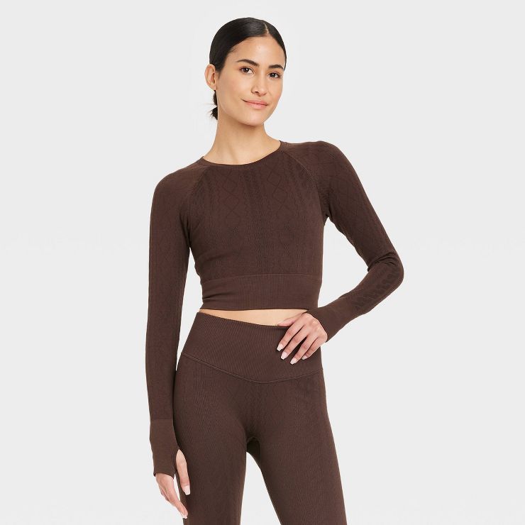 Women's Cropped Seamless Cable Knit Long Sleeve Top - JoyLab™ | Target