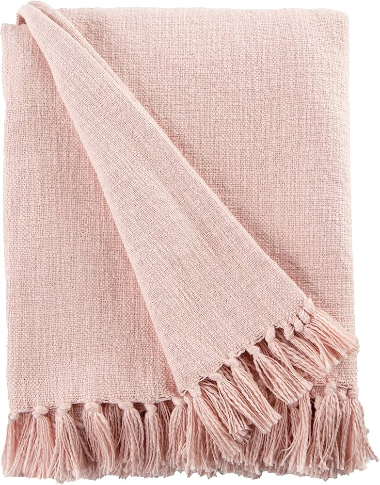 Sticky Toffee Cotton Throw Blanket for Couch, 60x50 in, Blush Pink Boho Woven Throw with Fringe, ... | Amazon (US)