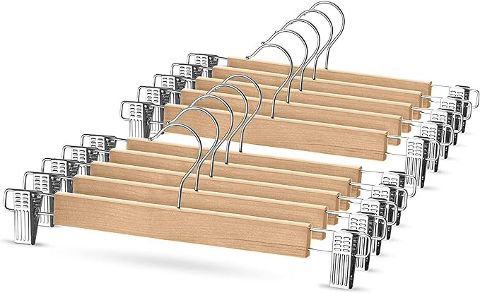 High-Grade Wooden Pants Hangers with Metal Clips Grip Clip Pants Hanger, Smooth Finish Solid Wood... | Amazon (US)