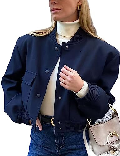 Megfie Womens Cropped Bomber Jacket Button Down Varsity Jackets Shackets with Pockets(0394-DarkBlue-S) | Amazon (US)