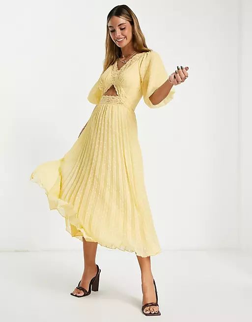 ASOS DESIGN lace insert cut out textured pleated midi dress in lemon yellow | ASOS (Global)