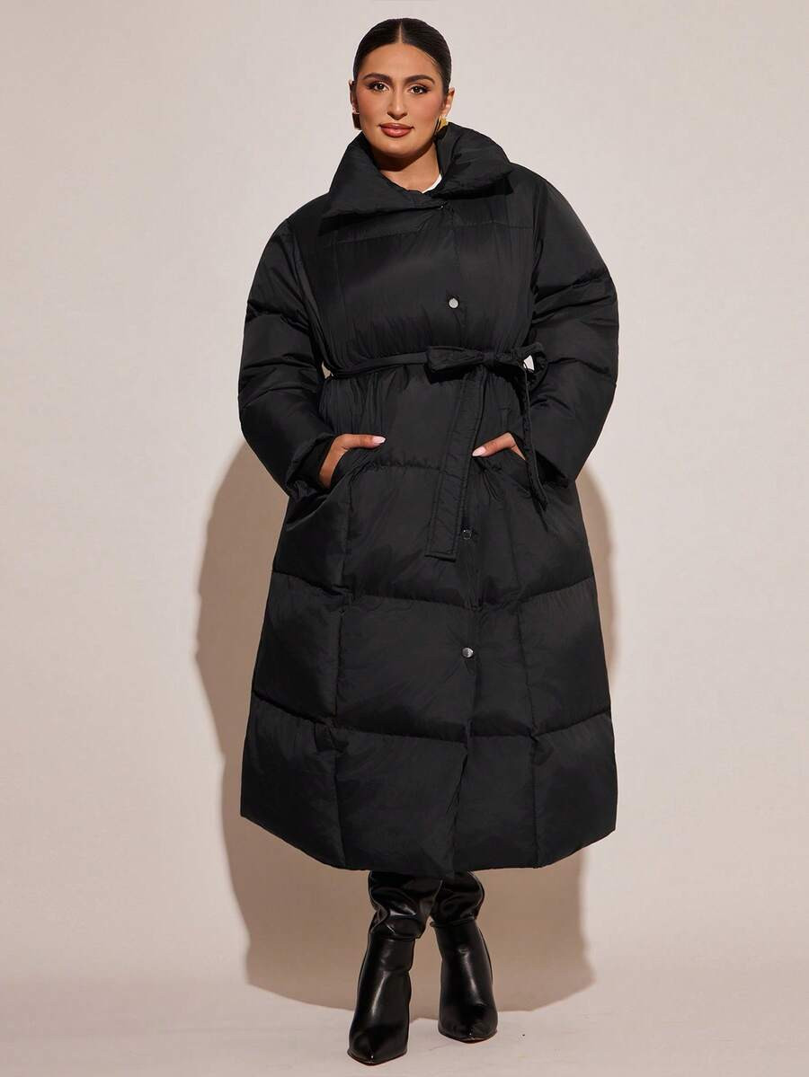 SHEIN BAE Plus Size Solid Color Waist Pocket Padded Coat/Winter | SHEIN
