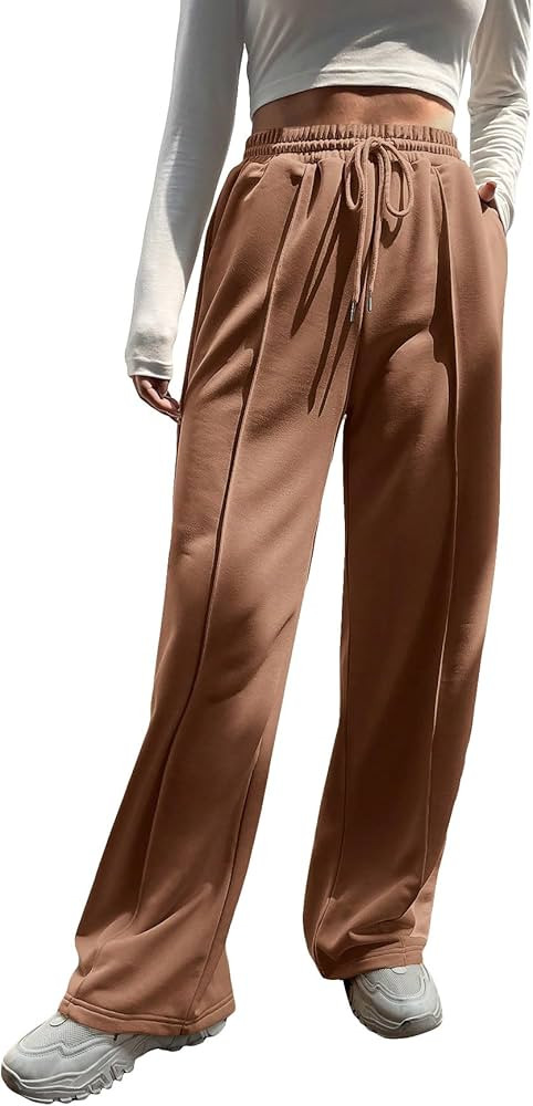 Floerns Women's Causal Drawstring High Waist Baggy Straight Wide Leg Sweatpants with Pockets | Amazon (US)