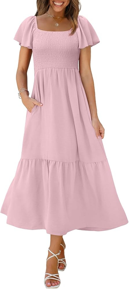 OFEEFAN Summer Dresses for Women Square Neck Ruffle Sleeve Smocked Maxi Dress with Pockets | Amazon (US)